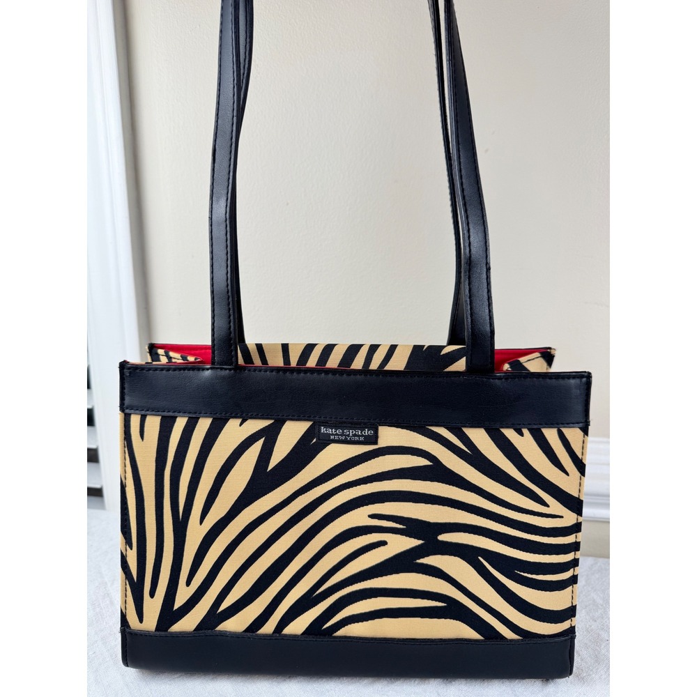 Kate Spade New York Zebra Print Nylon Shoulder Bag Red Lining 90s Y2K Boxy Tote